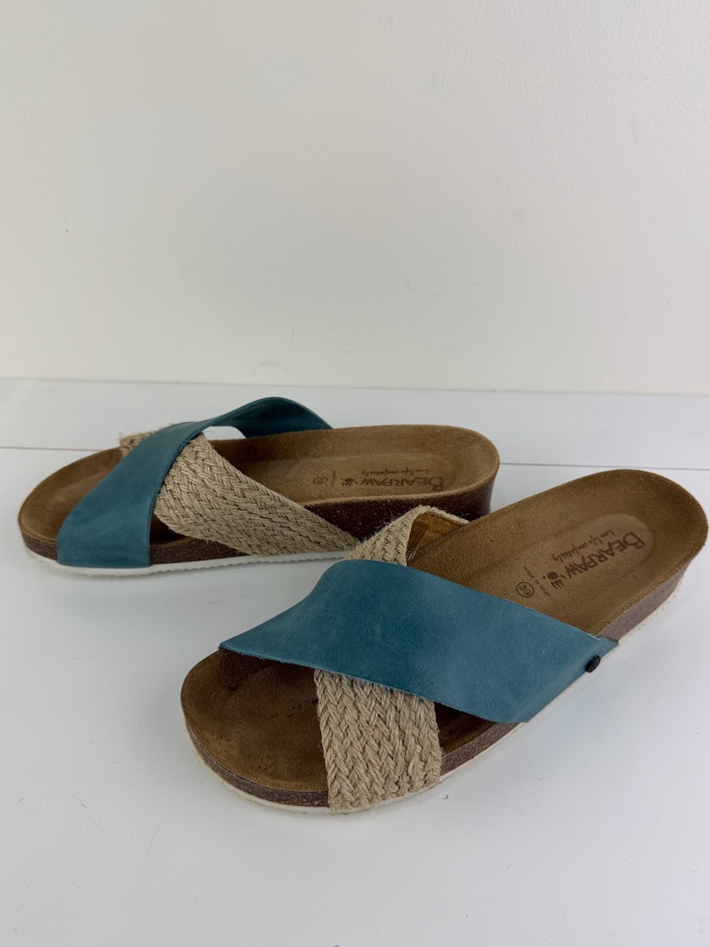 Bearpaw Blue Leather & Jute Crisscross Comfort Slide Sandals EU 39